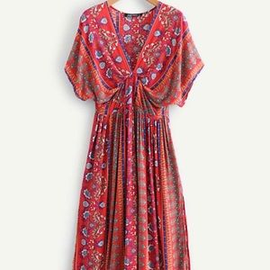 Floral Print Plunging Kimono Dress